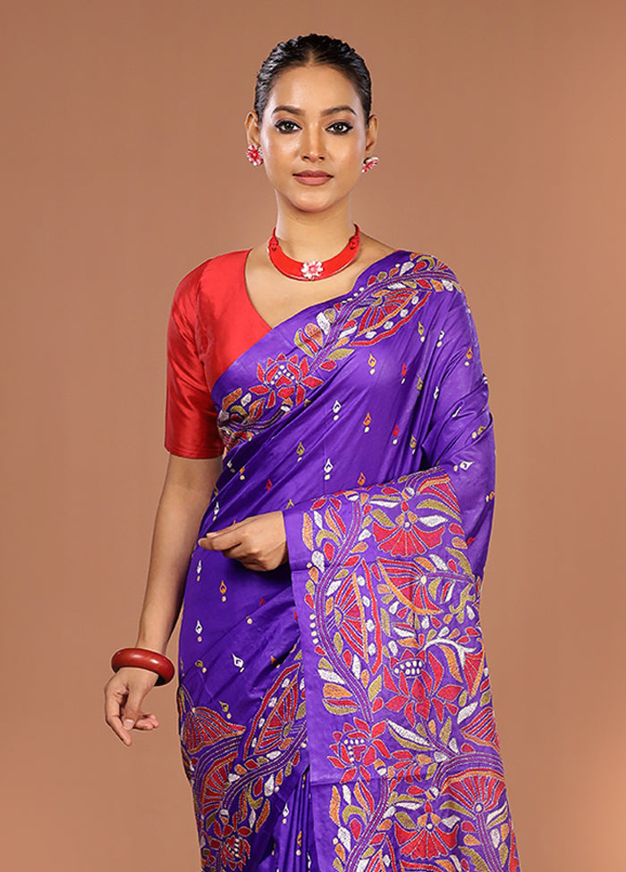 Blue Handloom Kantha Stitch Pure Silk Saree With Blouse Piece