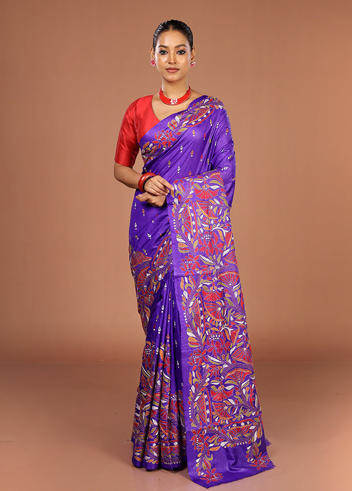 Blue Handloom Kantha Stitch Pure Silk Saree With Blouse Piece