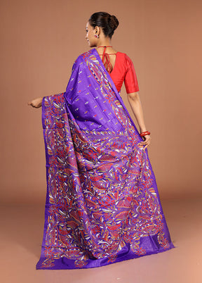 Blue Handloom Kantha Stitch Pure Silk Saree With Blouse Piece