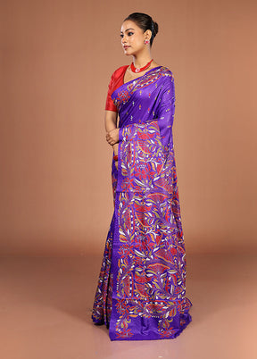 Blue Handloom Kantha Stitch Pure Silk Saree With Blouse Piece