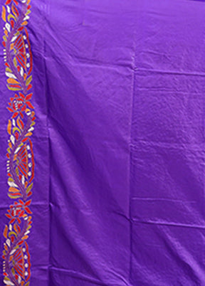 Blue Handloom Kantha Stitch Pure Silk Saree With Blouse Piece