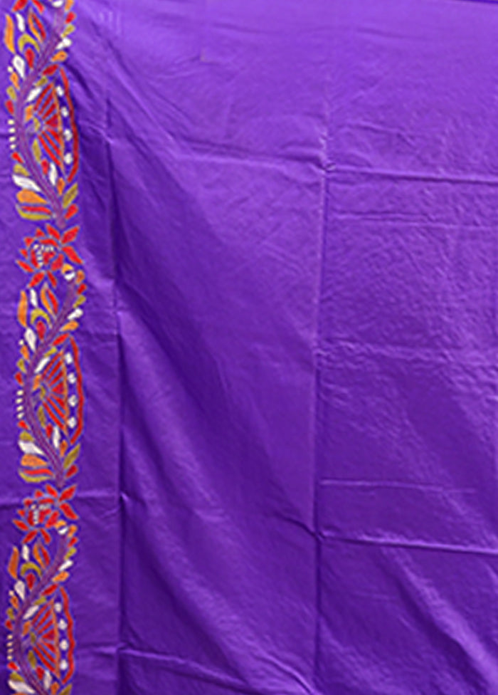 Blue Handloom Kantha Stitch Pure Silk Saree With Blouse Piece