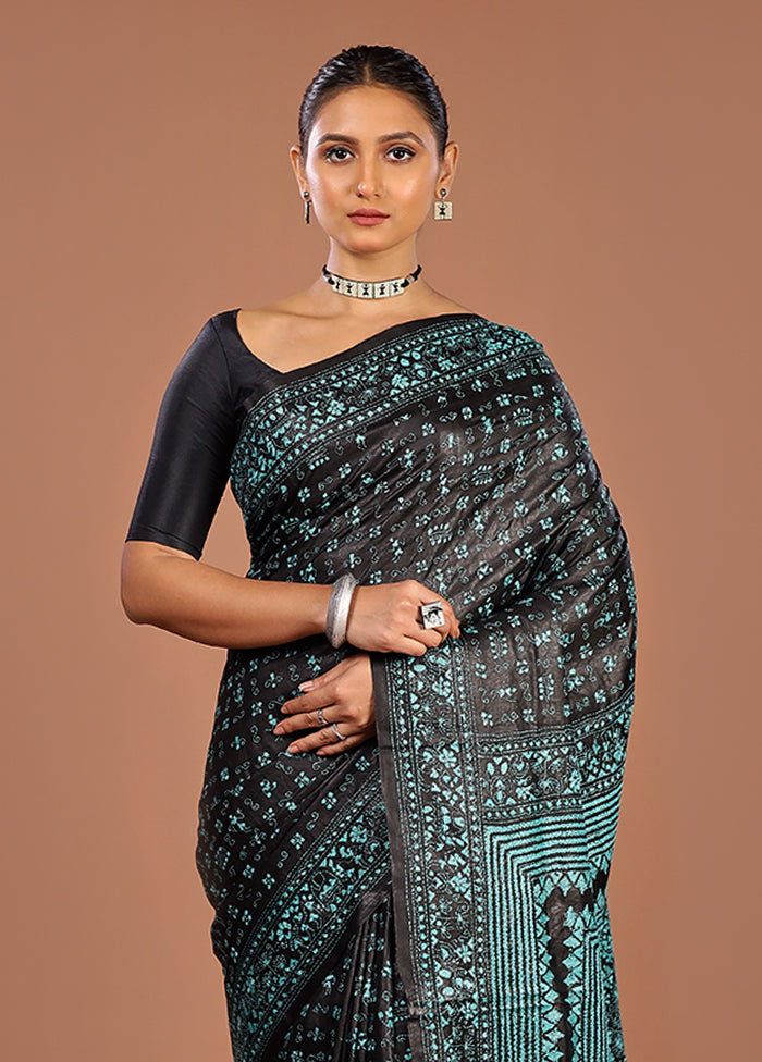 Black Handloom Kantha Stitch Pure Silk Saree With Blouse Piece