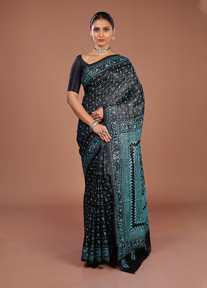 Black Handloom Kantha Stitch Pure Silk Saree With Blouse Piece