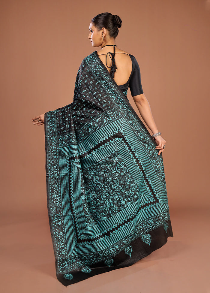 Black Handloom Kantha Stitch Pure Silk Saree With Blouse Piece