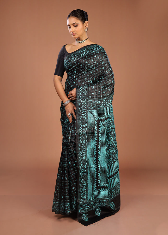 Black Handloom Kantha Stitch Pure Silk Saree With Blouse Piece