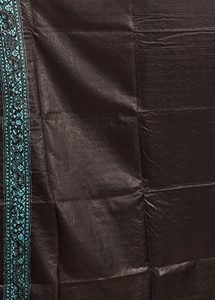 Black Handloom Kantha Stitch Pure Silk Saree With Blouse Piece