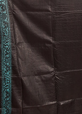 Black Handloom Kantha Stitch Pure Silk Saree With Blouse Piece