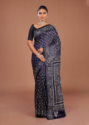 Blue Handloom Kantha Stitch Pure Silk Saree With Blouse Piece