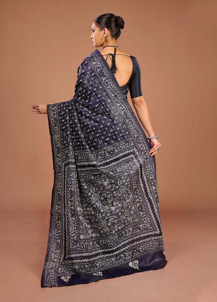 Blue Handloom Kantha Stitch Pure Silk Saree With Blouse Piece