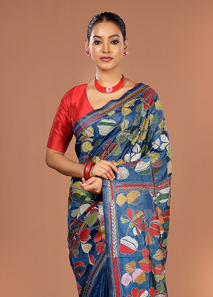 Blue Handloom Kantha Stitch Pure Silk Saree With Blouse Piece