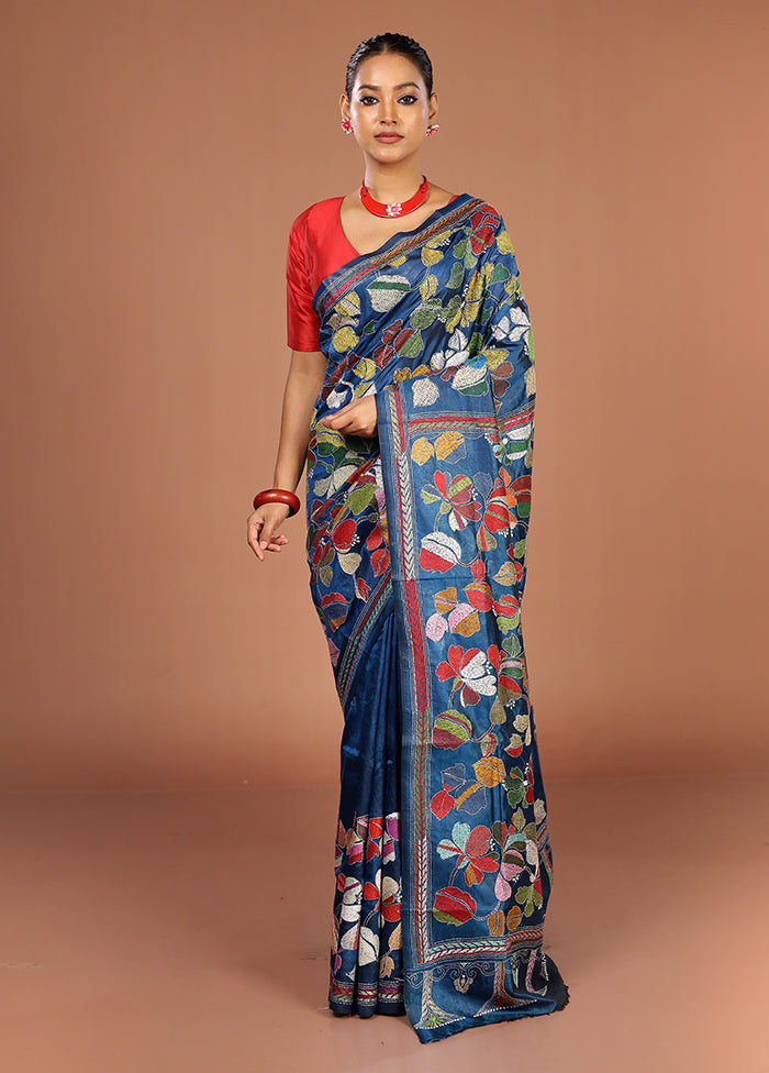 Blue Handloom Kantha Stitch Pure Silk Saree With Blouse Piece
