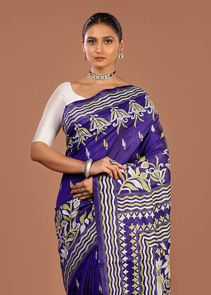 Blue Handloom Kantha Stitch Pure Silk Saree With Blouse Piece