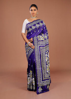 Blue Handloom Kantha Stitch Pure Silk Saree With Blouse Piece
