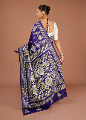 Blue Handloom Kantha Stitch Pure Silk Saree With Blouse Piece