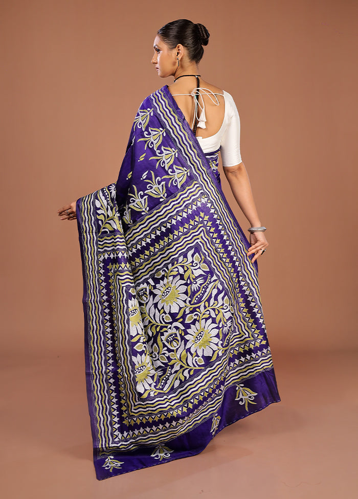 Blue Handloom Kantha Stitch Pure Silk Saree With Blouse Piece