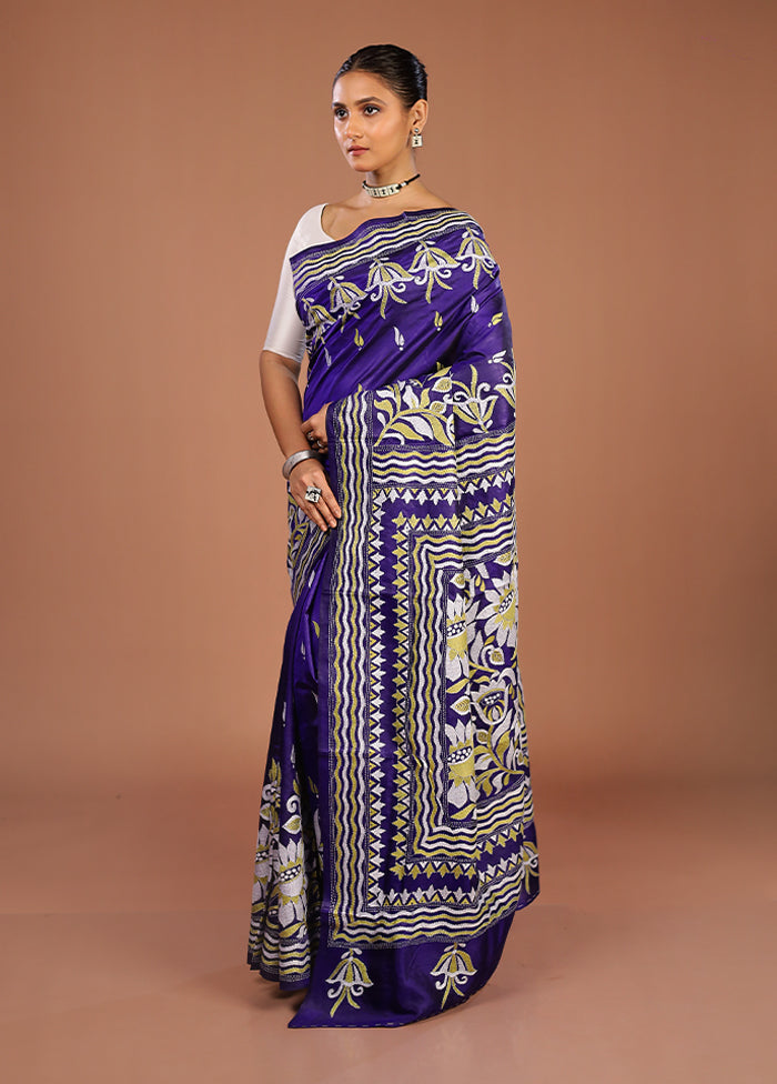 Blue Handloom Kantha Stitch Pure Silk Saree With Blouse Piece