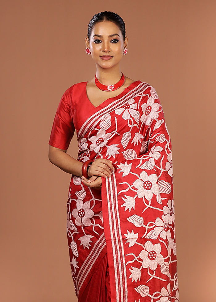 Red Handloom Kantha Stitch Pure Silk Saree With Blouse Piece