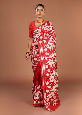 Red Handloom Kantha Stitch Pure Silk Saree With Blouse Piece