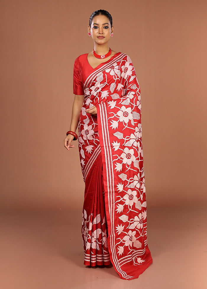 Red Handloom Kantha Stitch Pure Silk Saree With Blouse Piece