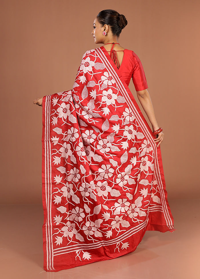 Red Handloom Kantha Stitch Pure Silk Saree With Blouse Piece