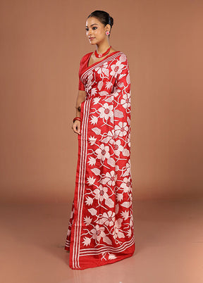 Red Handloom Kantha Stitch Pure Silk Saree With Blouse Piece