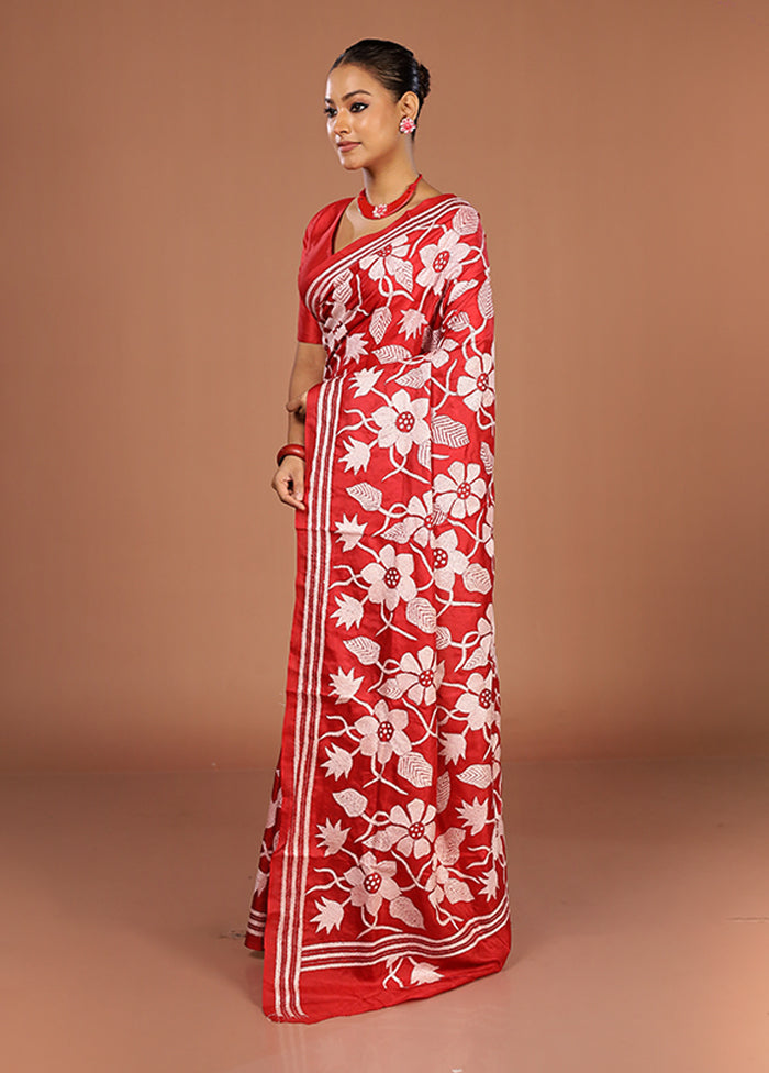 Red Handloom Kantha Stitch Pure Silk Saree With Blouse Piece