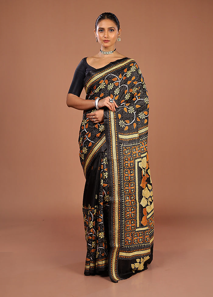 Black Handloom Kantha Stitch Pure Silk Saree With Blouse Piece