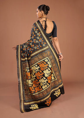 Black Handloom Kantha Stitch Pure Silk Saree With Blouse Piece