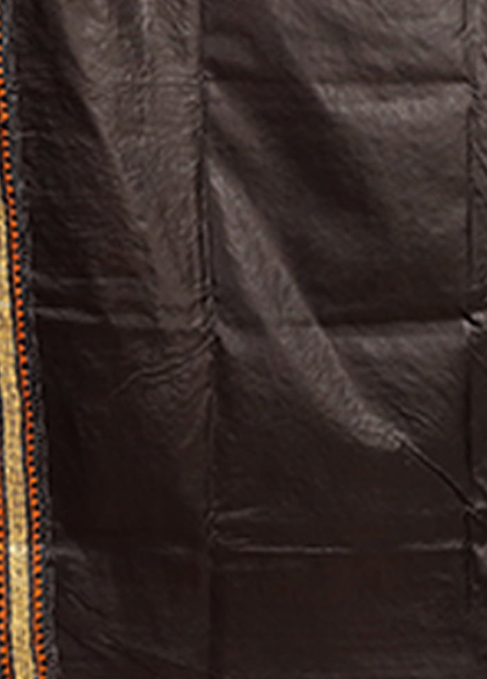 Black Handloom Kantha Stitch Pure Silk Saree With Blouse Piece