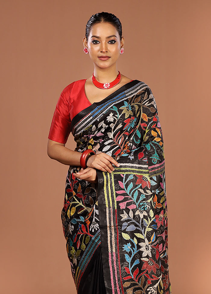 Black Handloom Kantha Stitch Pure Silk Saree With Blouse Piece
