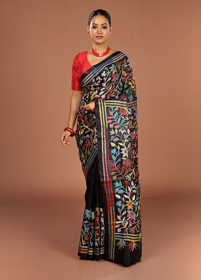 Black Handloom Kantha Stitch Pure Silk Saree With Blouse Piece