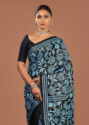 Black Handloom Kantha Stitch Pure Silk Saree With Blouse Piece
