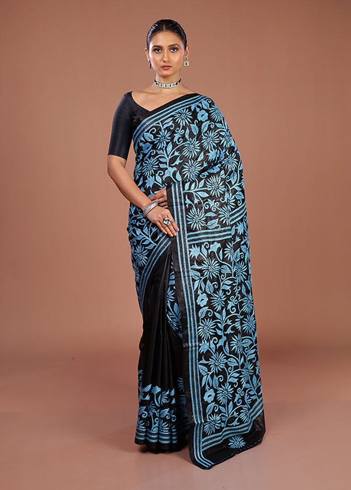 Black Handloom Kantha Stitch Pure Silk Saree With Blouse Piece