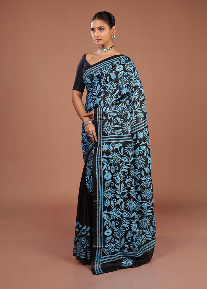 Black Handloom Kantha Stitch Pure Silk Saree With Blouse Piece