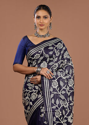 Blue Handloom Kantha Stitch Pure Silk Saree With Blouse Piece