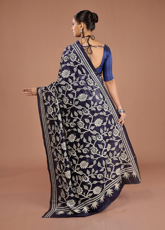 Blue Handloom Kantha Stitch Pure Silk Saree With Blouse Piece