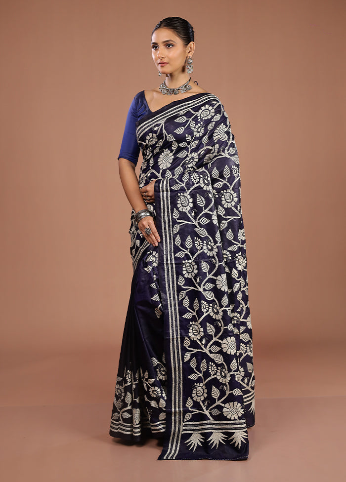 Blue Handloom Kantha Stitch Pure Silk Saree With Blouse Piece