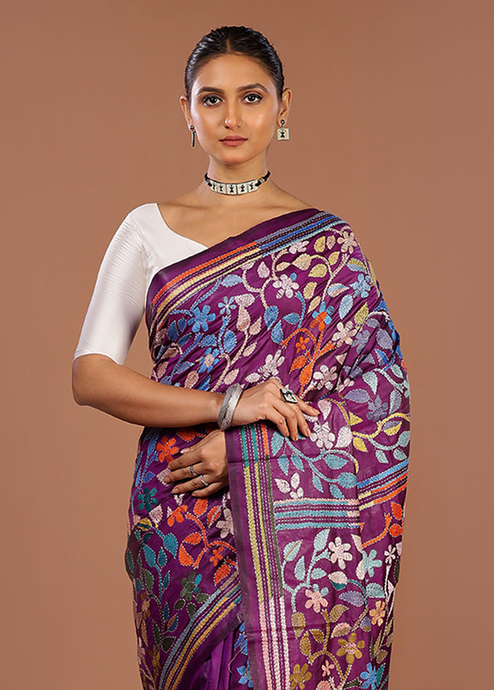 Purple Handloom Kantha Stitch Pure Silk Saree With Blouse Piece