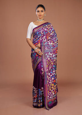 Purple Handloom Kantha Stitch Pure Silk Saree With Blouse Piece