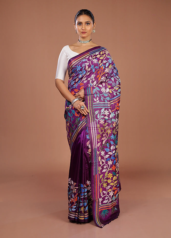 Purple Handloom Kantha Stitch Pure Silk Saree With Blouse Piece
