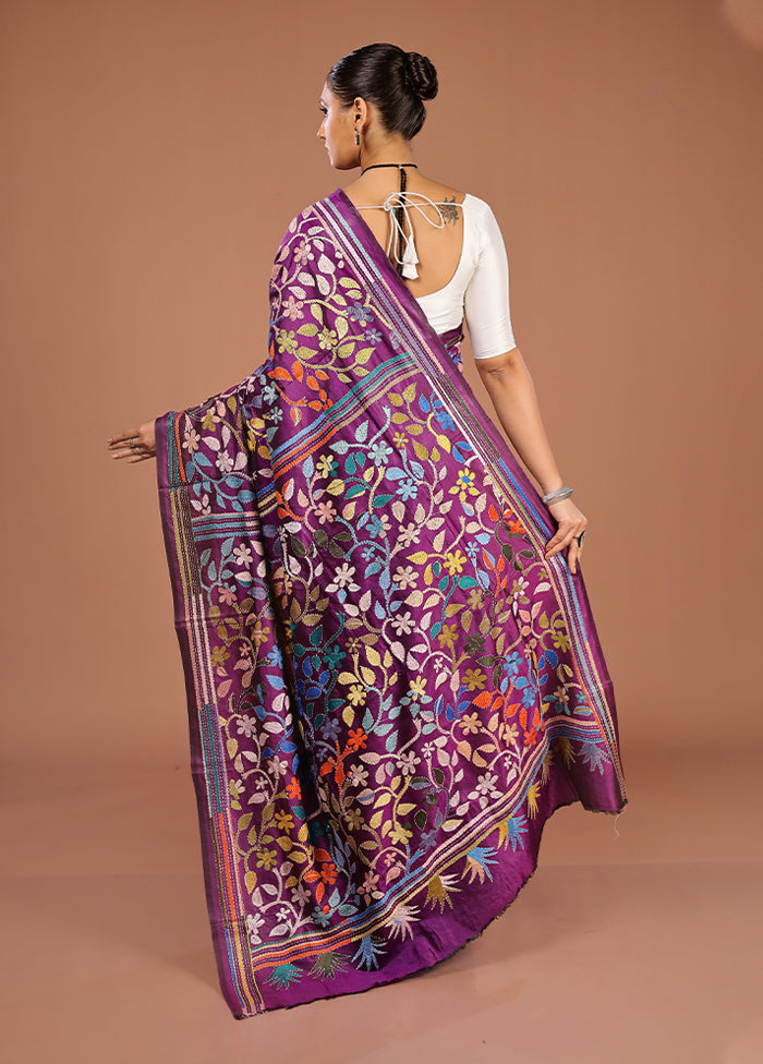 Purple Handloom Kantha Stitch Pure Silk Saree With Blouse Piece