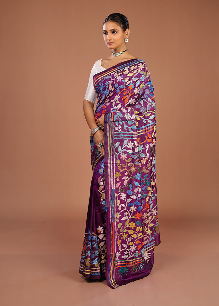 Purple Handloom Kantha Stitch Pure Silk Saree With Blouse Piece