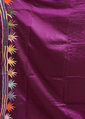 Purple Handloom Kantha Stitch Pure Silk Saree With Blouse Piece