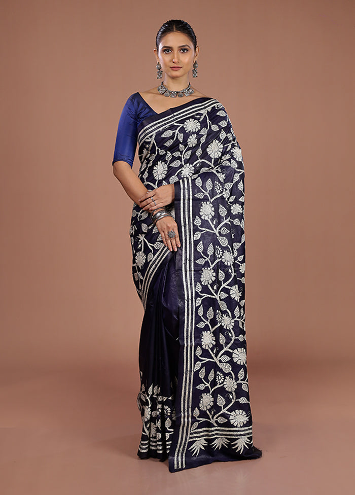 Blue Handloom Kantha Stitch Pure Silk Saree With Blouse Piece