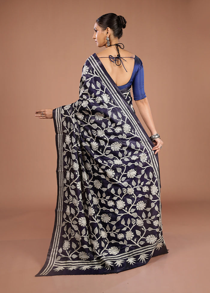 Blue Handloom Kantha Stitch Pure Silk Saree With Blouse Piece