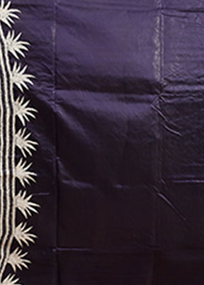 Blue Handloom Kantha Stitch Pure Silk Saree With Blouse Piece