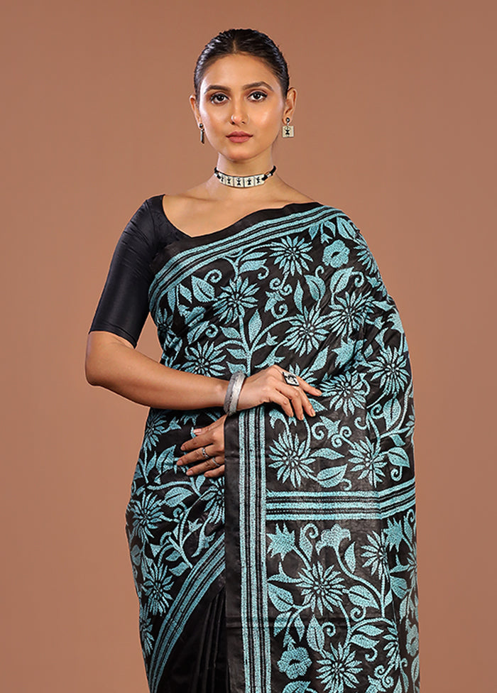 Black Handloom Kantha Stitch Pure Silk Saree With Blouse Piece