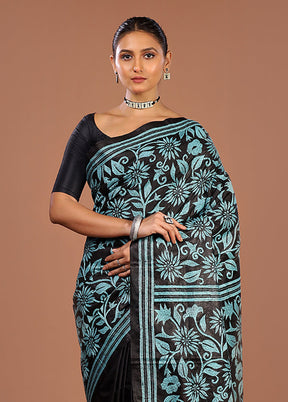 Black Handloom Kantha Stitch Pure Silk Saree With Blouse Piece
