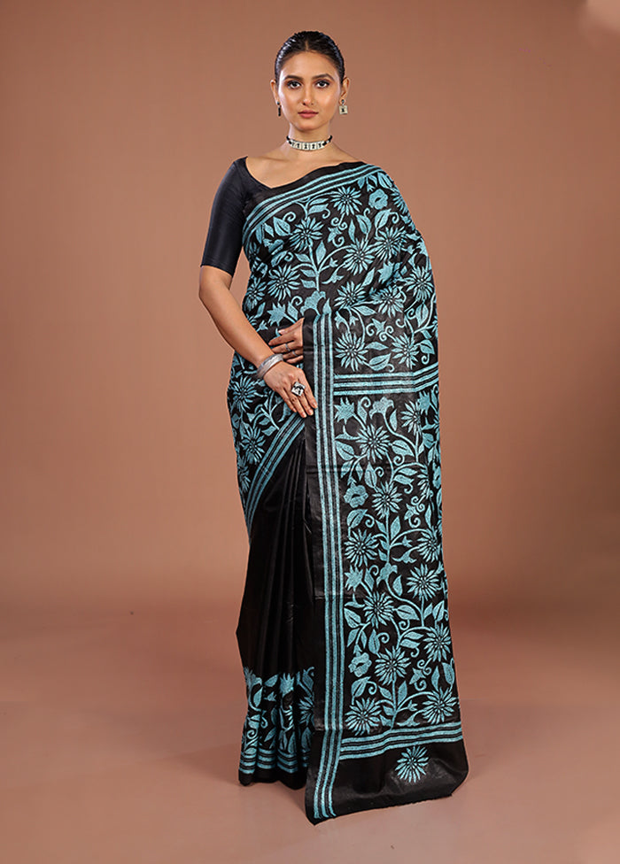 Black Handloom Kantha Stitch Pure Silk Saree With Blouse Piece